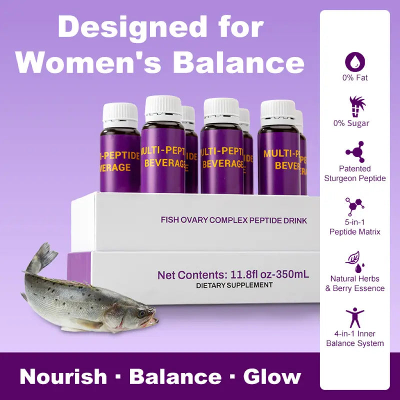 Multi-Peptide Beverage - 7 x 50mL Bottles - Sturgeon Peptide Balance Formula for Women's Wellness with FERMLOVE Peptide & 5 Berry Antioxidants